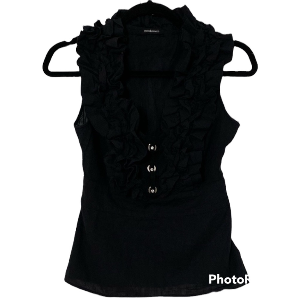 roccobarocco | Black Rhinestone Ruffled Top 6
